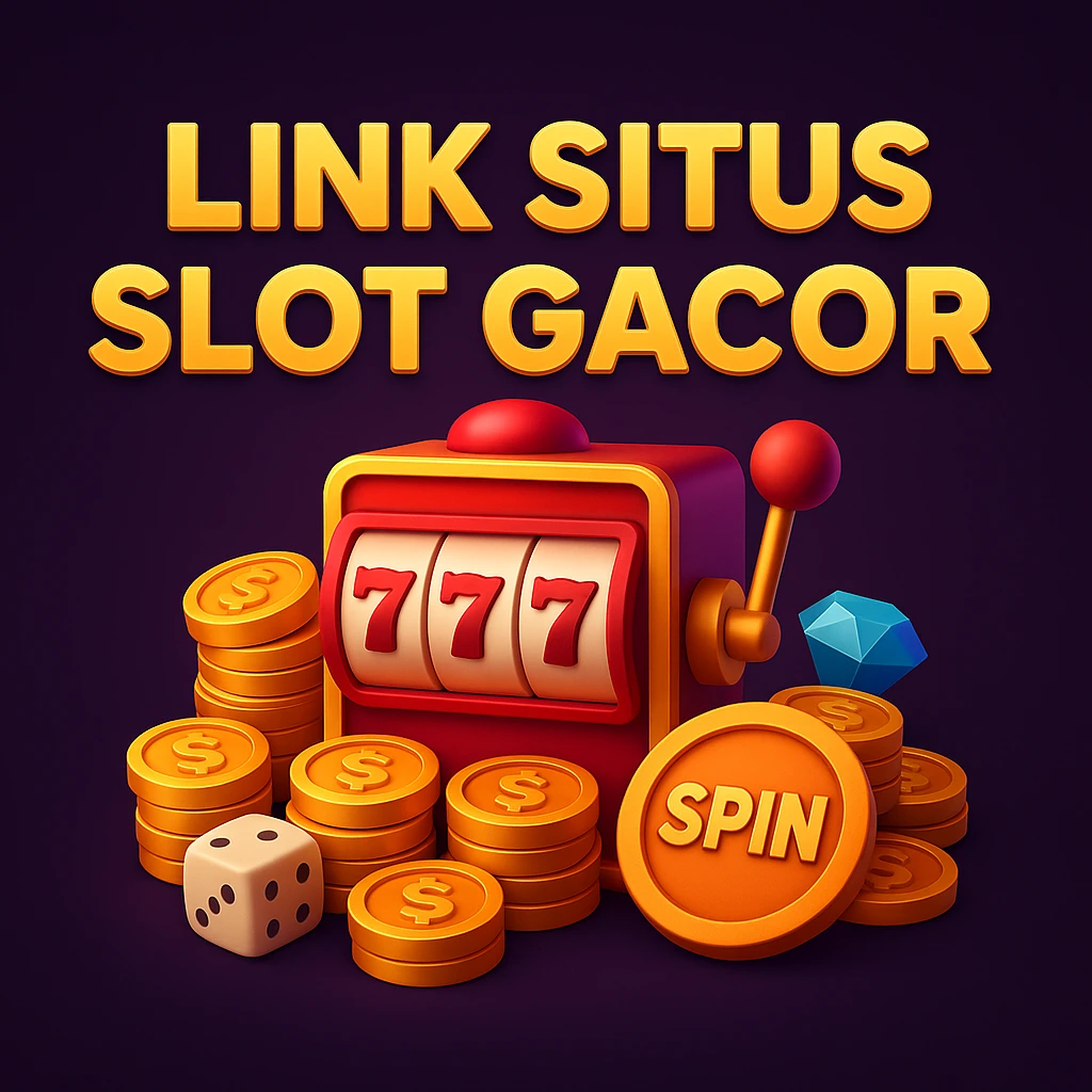 Slot machine 3D dengan tulisan Link Situs Slot Gacor, tumpukan koin emas, tombol SPIN, dan dadu di latar belakang ungu