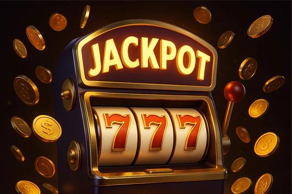 3D slot machine gacor dengan simbol 777 dan koin emas melimpah saat jackpot